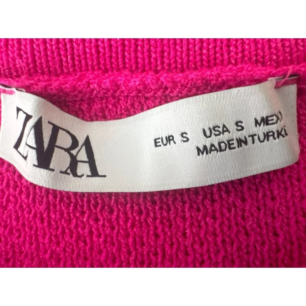ZARA Bright Pink Short Sleeve Small Knit Cardigan With Gold Buttons & Pockets - Picture 4 of 16